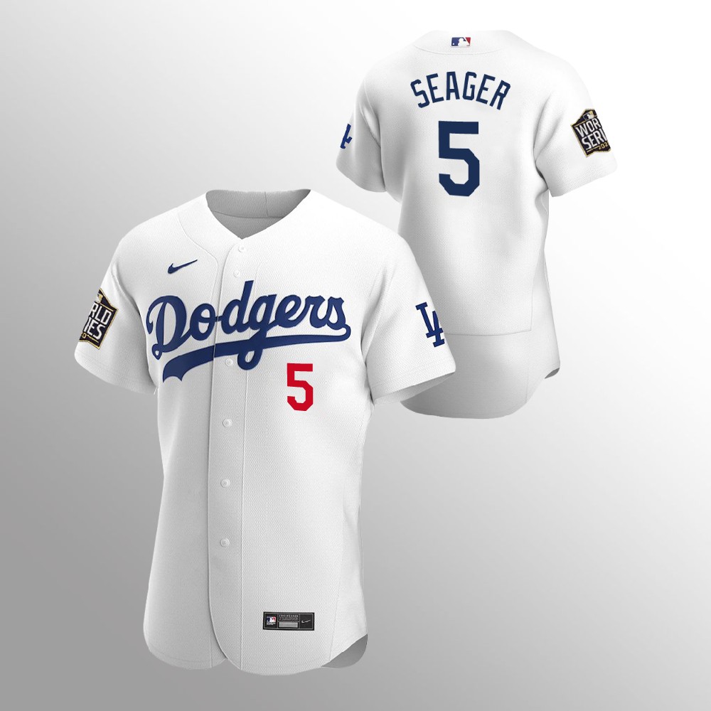 Men's Los Angeles Dodgers #5 Corey Seager Grey 2020 World Series Bound stitched Jersey